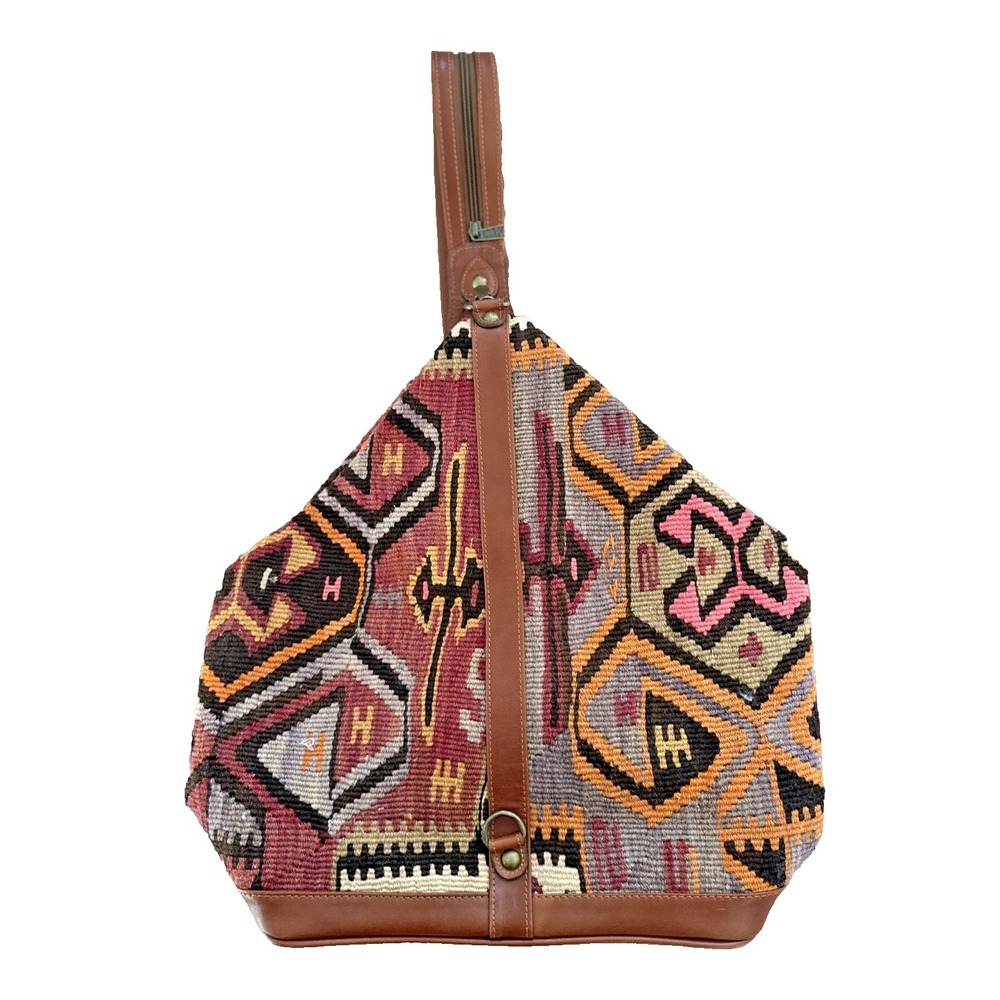 Kilim Backpack Wool large Adjustable Sling Backpack Leather Geometric Boho